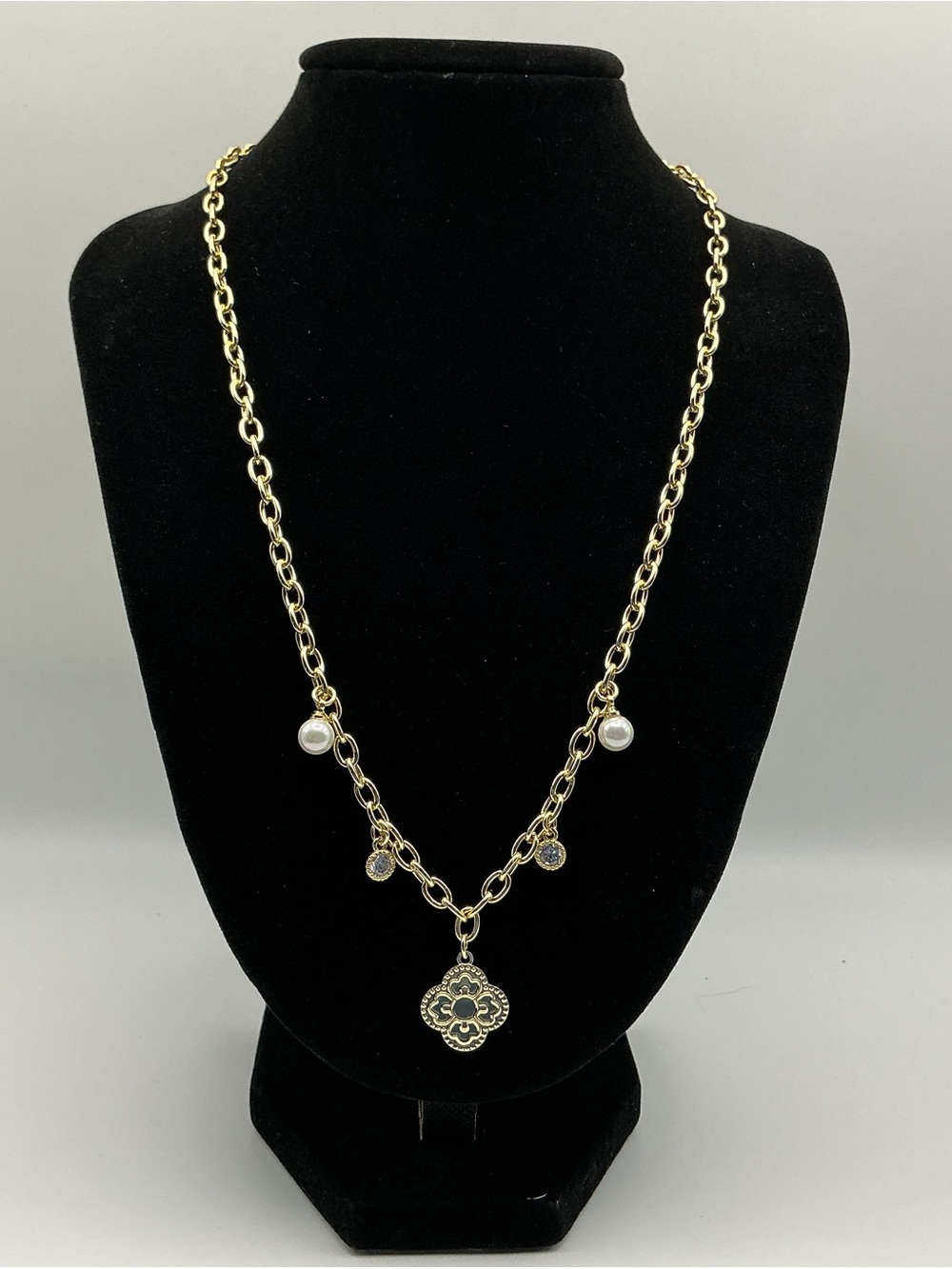 Gold Tone Clover Charm Station Necklace Faux Pearl CZ 18”